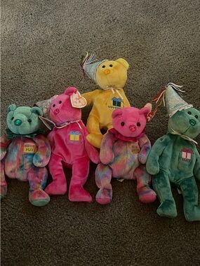 Ty Birthday Bear Plush Set - Yellow, Pink, Teal, Multicolor Tie-Dye
